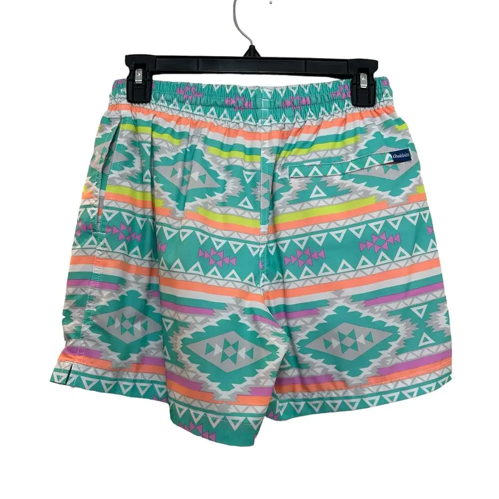 Chubbies The En Fuegos Teal Geometric Classic Swim Shorts Small 5.5